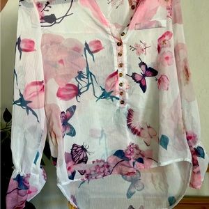 2XL Butterfly Pink and White Sheer Blouse Shirt